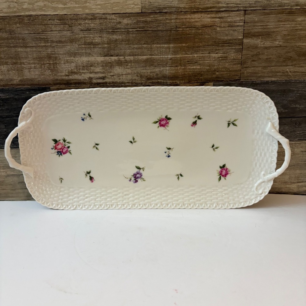 Nantucket Home Floral Basketweave Ceramic Serving Tray Platter with Handles